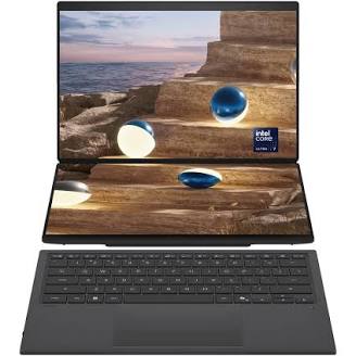 Frontal studio photograph of the unique ASUS Zenbook DUO laptop open in dual-screen mode, revealing two identical stacked 3K OLED touch panels running professional data code sheets simultaneously.