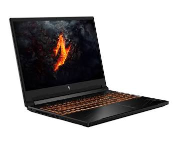 Three-quarter perspective view of the Acer Nitro V 16S gaming laptop showing its stealth black chassis, amber backlit key caps, and angular rear cooling ventilation arrays.