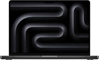 Close-up photograph of the Apple MacBook Pro 14 (M3 Max) in Space Black, emphasizing the extreme dynamic range of its Liquid Retina XDR screen display within a dim, moody video editing studio environment.