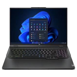 Frontal view of the dark charcoal Lenovo Legion Pro 5 laptop open on a surface, highlighting its clean professional profile and full numeric keypad.