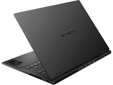 Rear angle view of the matte black HP OMEN 16 laptop chassis showcasing sleek minimal branding and cooling vents.
